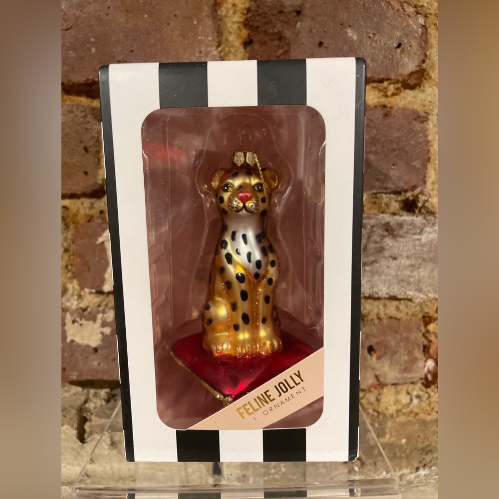 8 Oak Lane Glass Christmas Ornament Leopard “Feline Jolly” Sealed, New, NIB, 4”